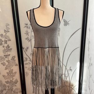 Zara Striped Fringe Tank Top Sleeveless Round Neck Shirt, Medium, Black/White
